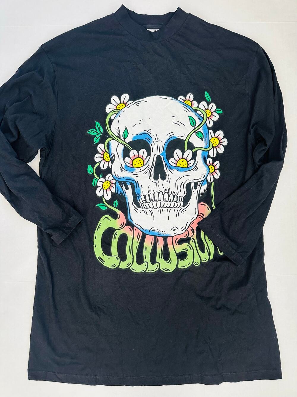 COLLUSION Oversized Skull & Daisy Long-Sleeve T-Shirt Dress - Size 6